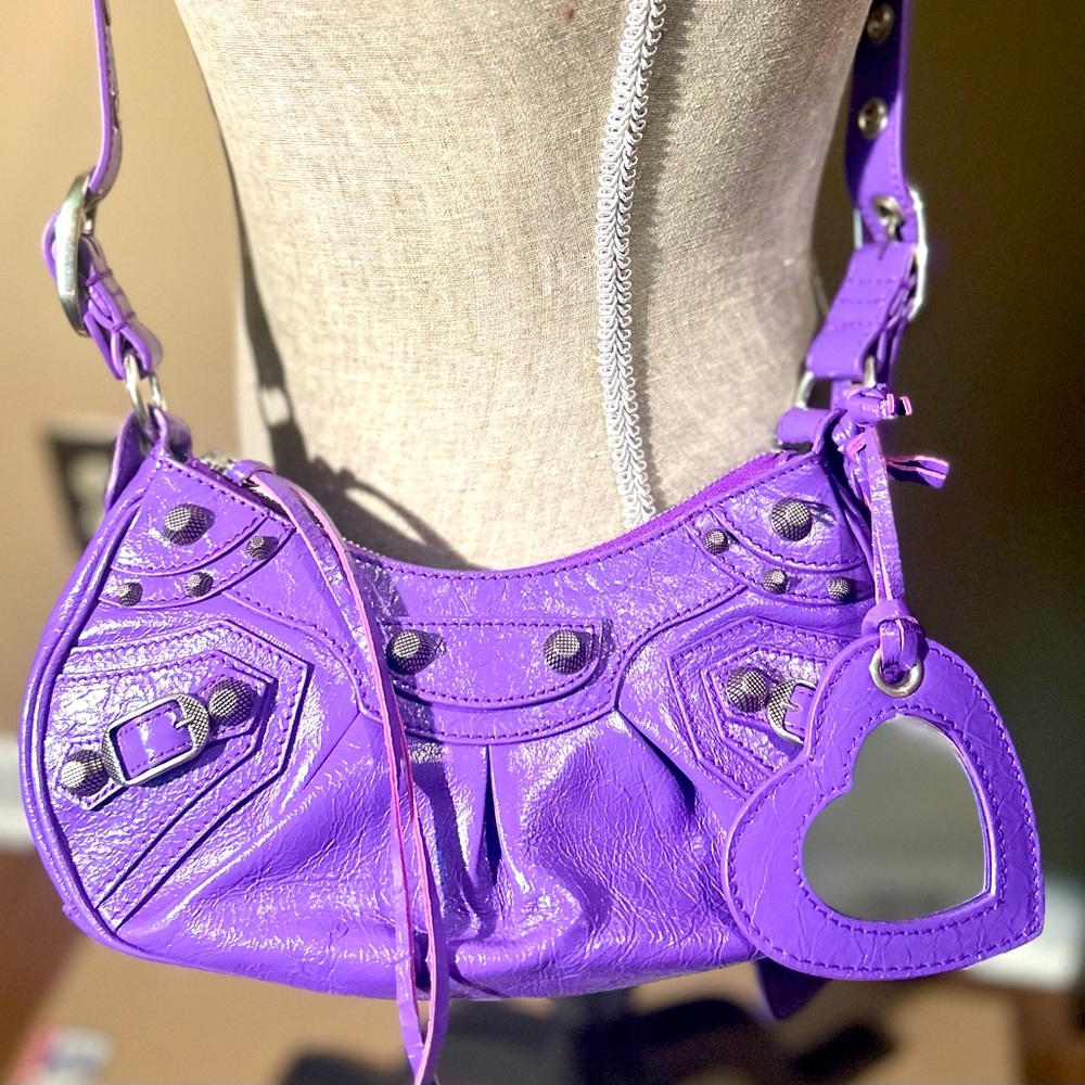 NWT Balenciaga La Cagole Shoulder Bag New dust bag XS Studded Leather Purple